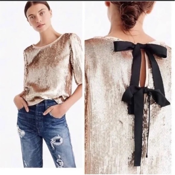 J. Crew Tops - NWT J.crew Bianca rose gold Sequined crepe Top size 10 Black ribbon Bow back